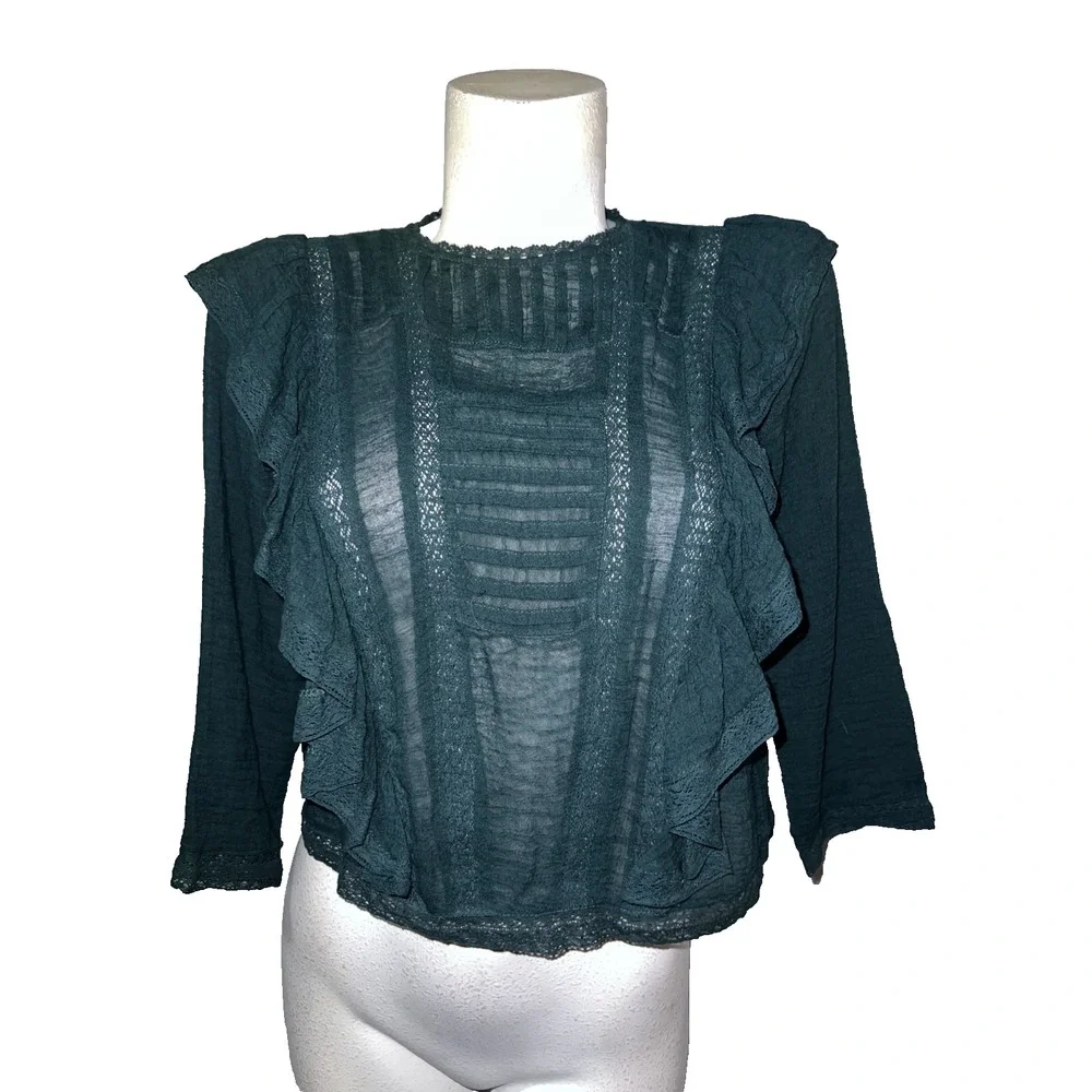 Free People Dark Green Lace Ruffle Sheer Blouse Top Womens XS High Neck Keyhole